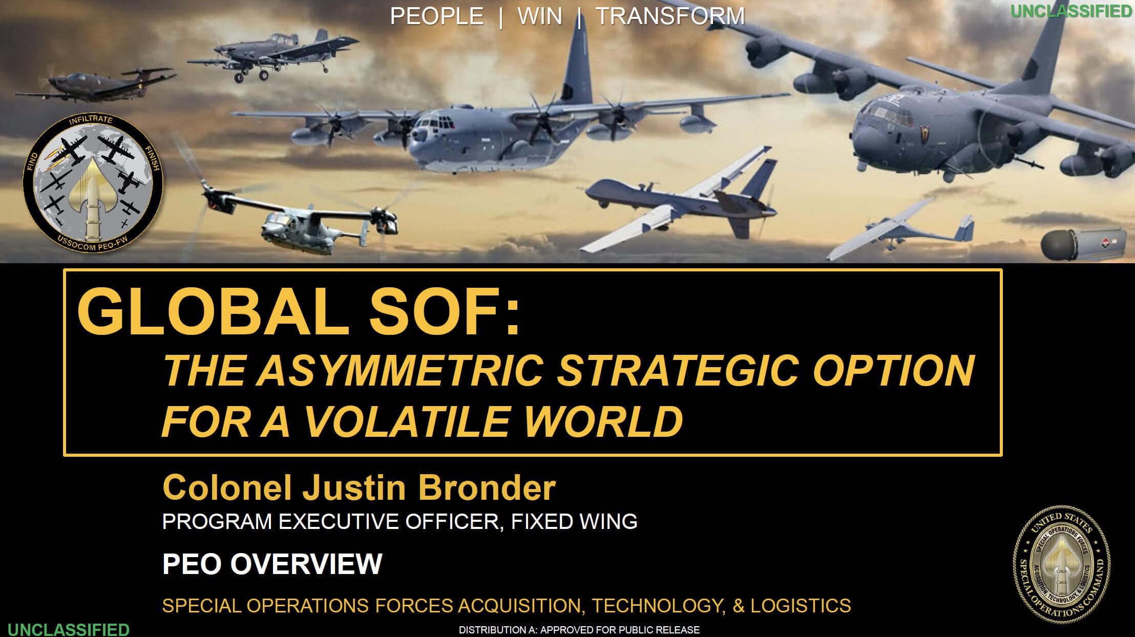 Advanced military aircrafts and strategic defense systems showcased at SOF Week event.