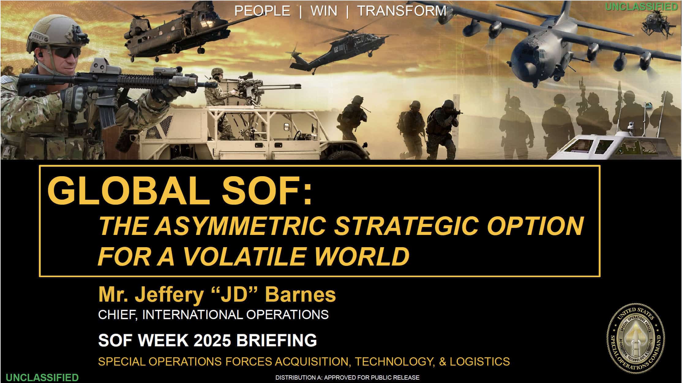 Untagged military personnel with helicopters and armored vehicles in a combat scenario at SOF Week event.