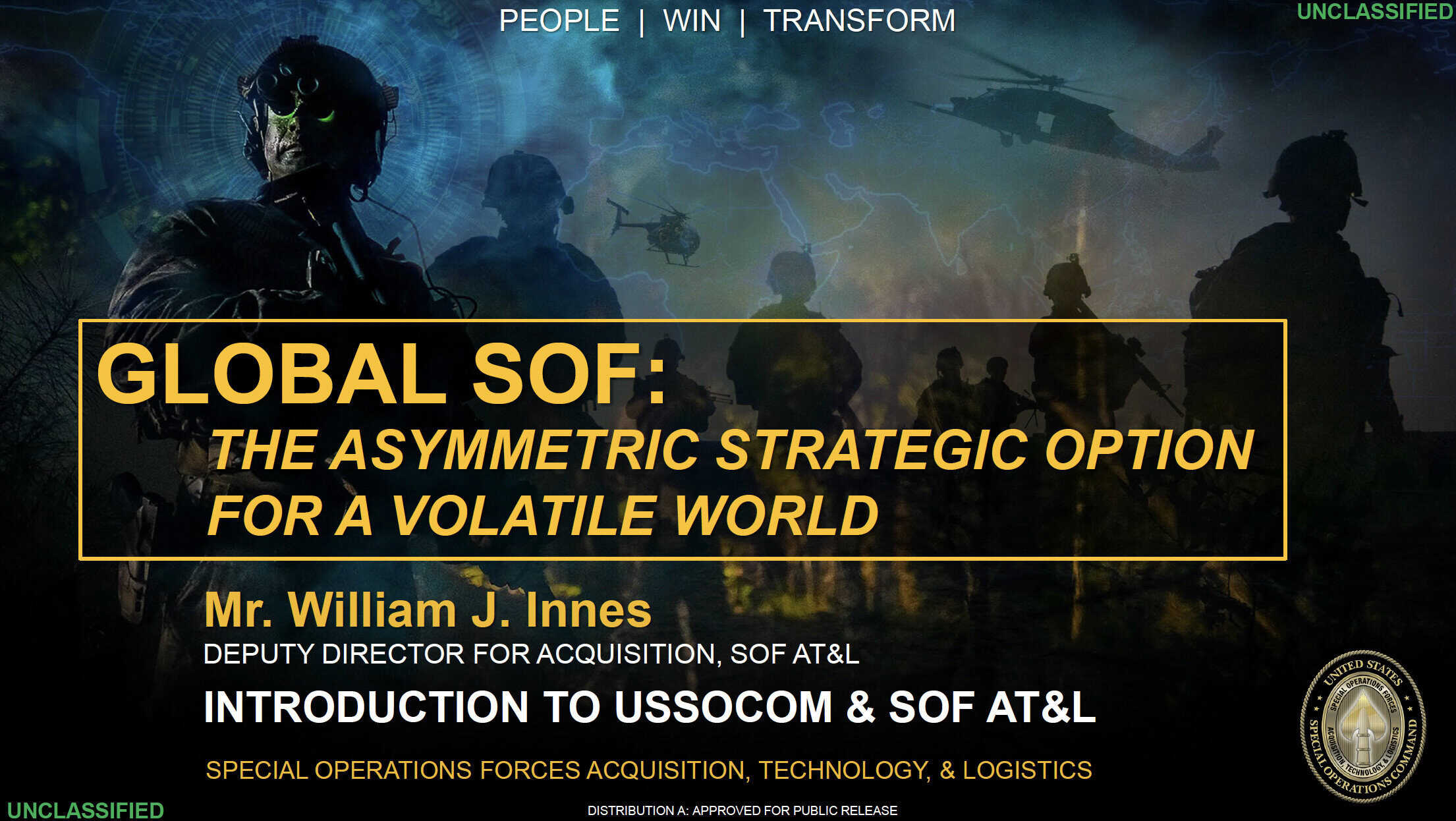 Advanced military personnel during SOF Week event with helicopters and tactical gear, focusing on special operations forces, strategic innovation, and global defense collaboration.