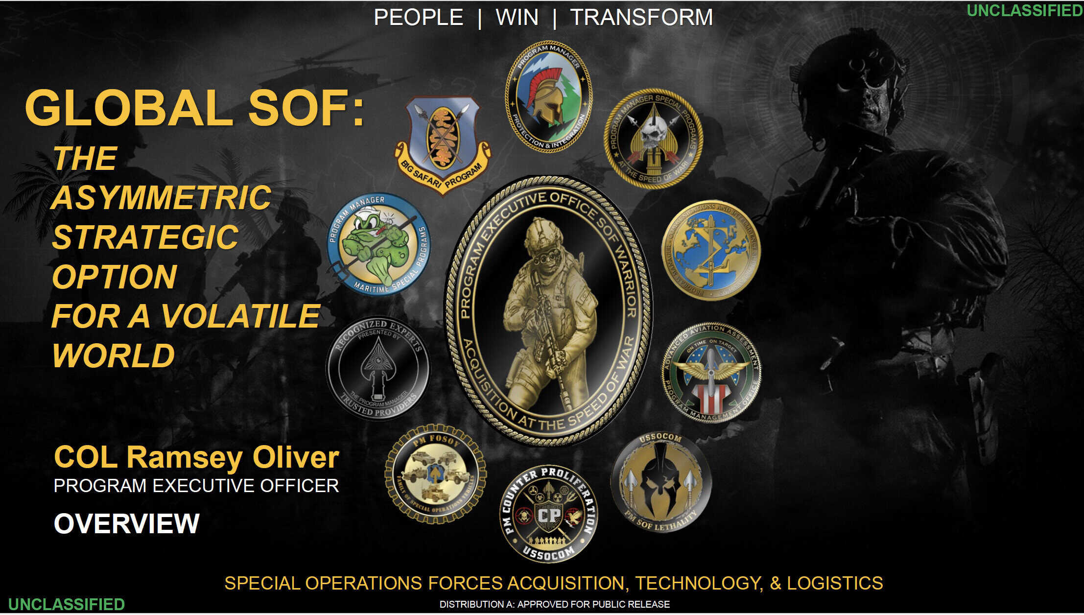 Program executive officer SOF warrior emblem, special operations forces strategic badges, military leadership insignia, SOF Week conference, defense logistics and technology, military training session.