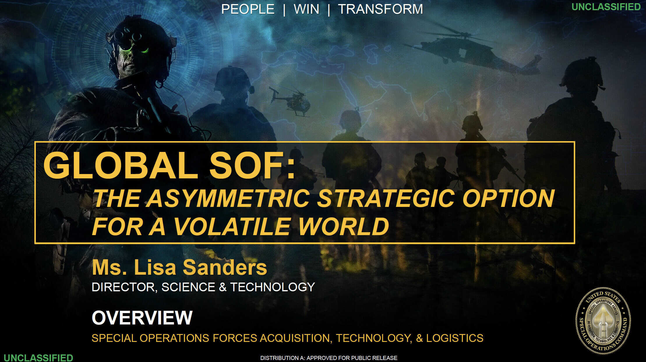 Strategic military personnel silhouettes during SOF Week event, emphasizing global special operations forces.